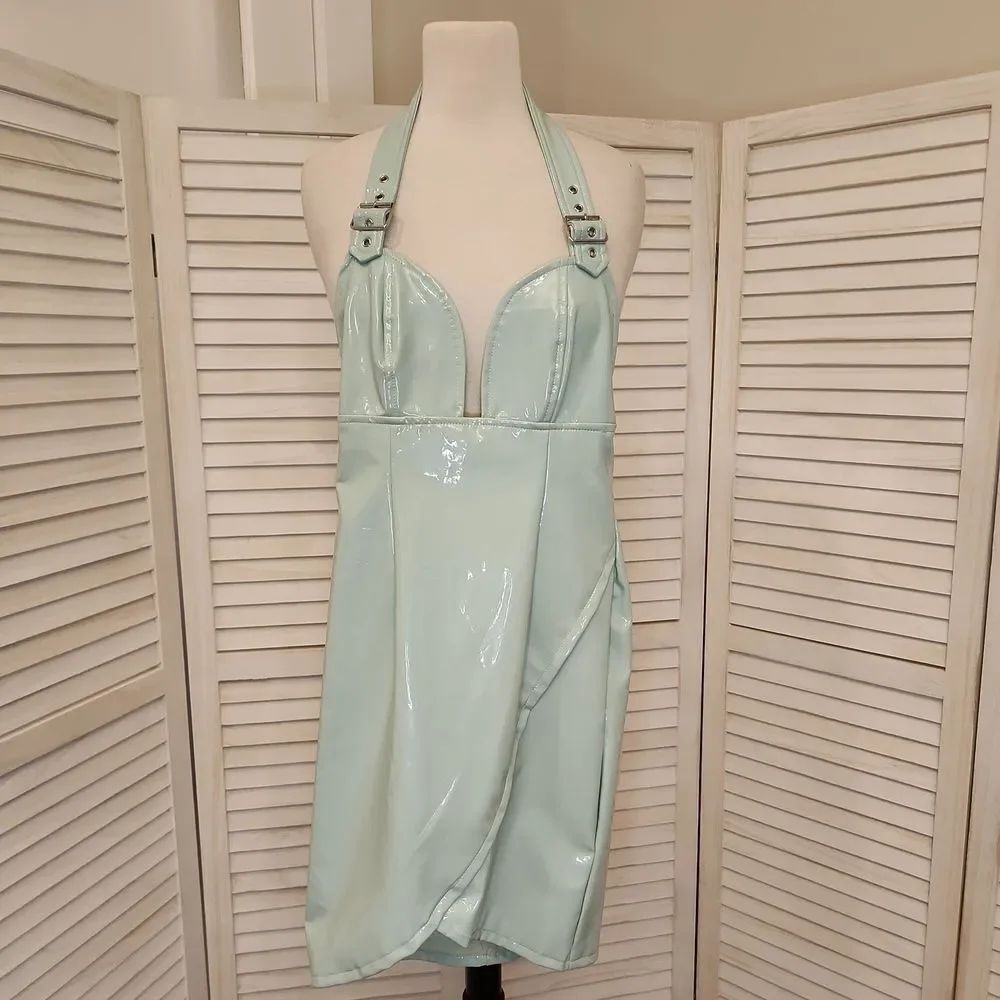 Hego Vinyl Backless Mint Green Dress Size S NWOT